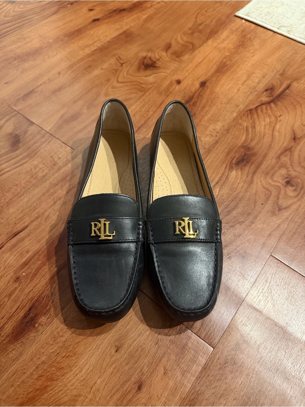 Lauren Ralph Lauren Black Leather Loafers with Gold Accent